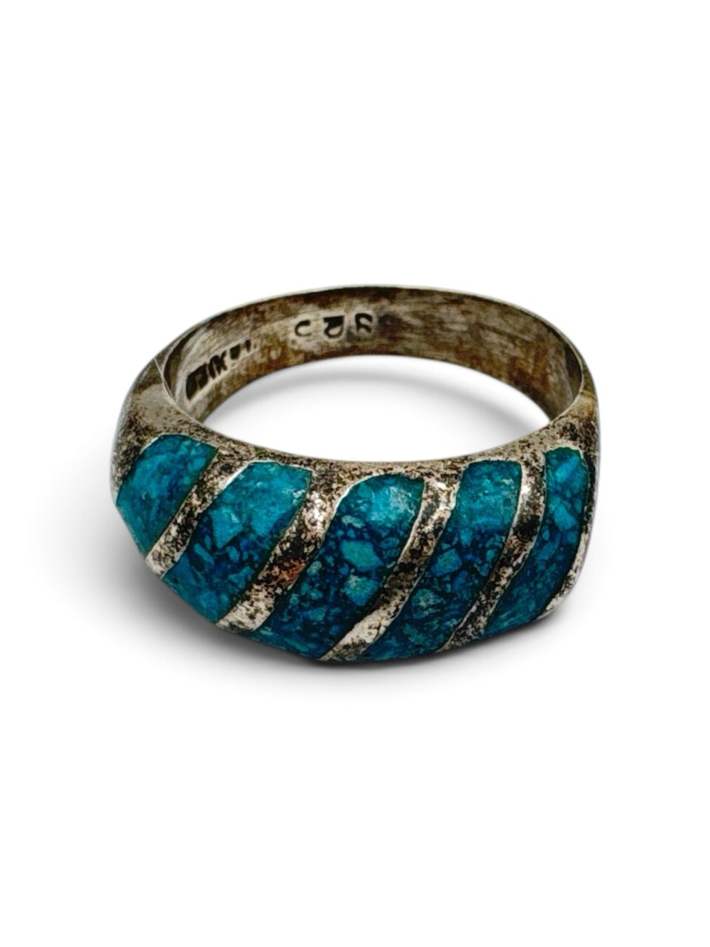Vintage Mexico Sterling Silver Crushed Turquoise Inlay Band Ring Size 7